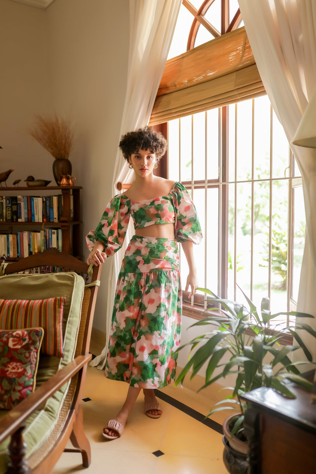 thr3letter marilyn skirt in watercolor floral print with matching puff sleeve crop top set