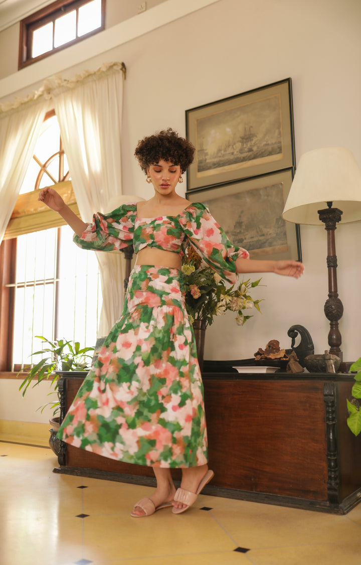 thr3letter's signature Marilyn skirt set with romantic blooms and coordinated crop top design