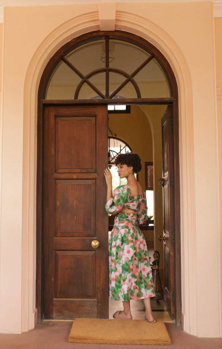 Garden party marilyn skirt from thr3letter in fresh green and pink watercolor print