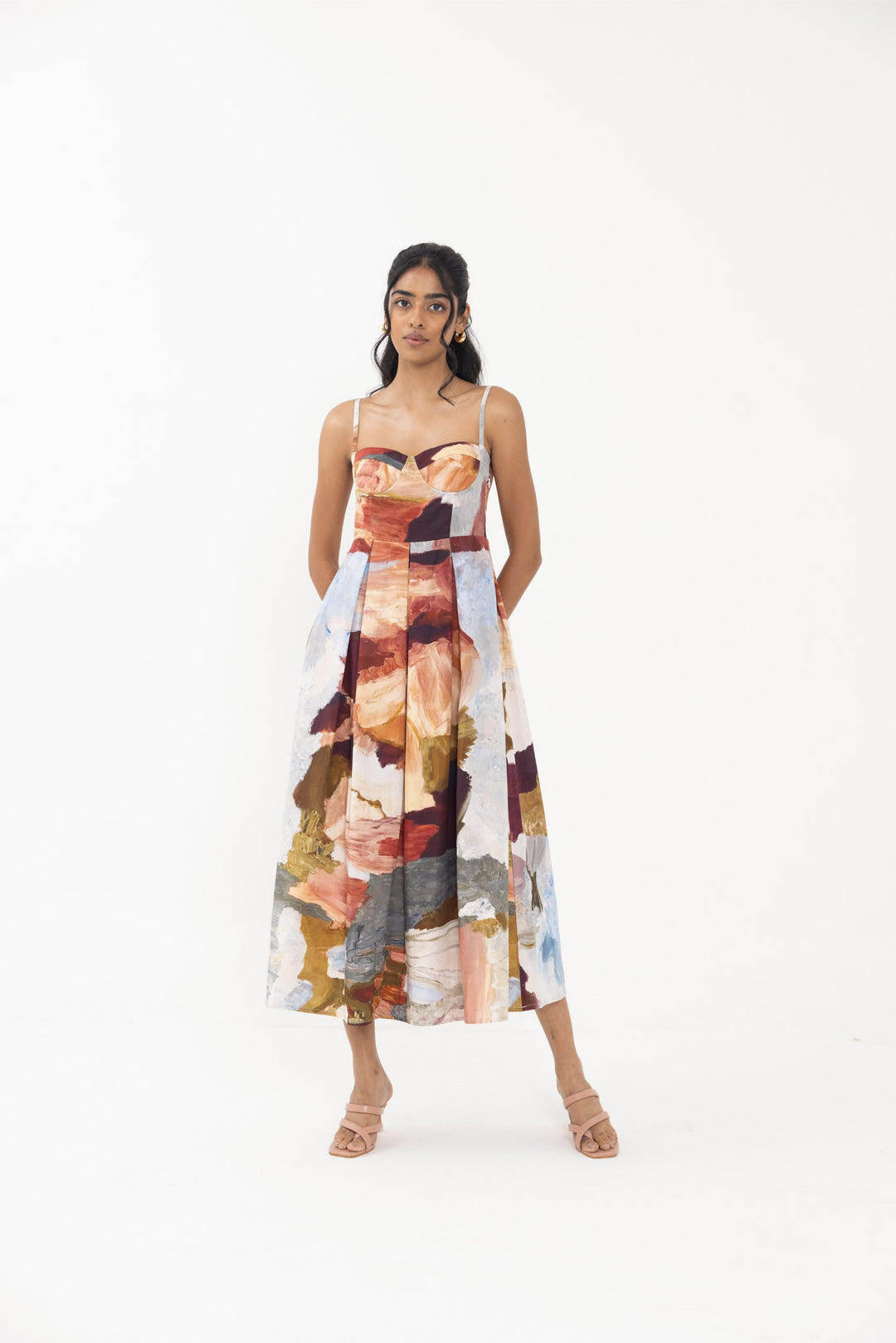 Thr3letter Cadenza Padded Dress in a stunning abstract print, crafted from 50% silk and 50% cotton.