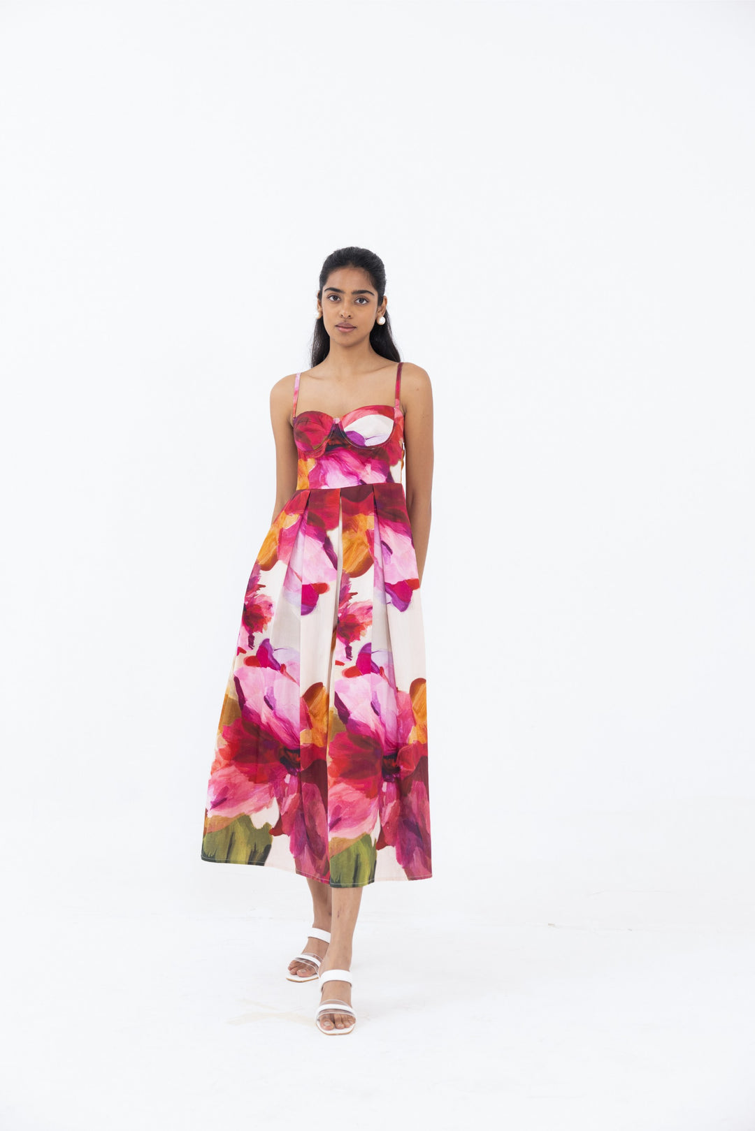 Thr3letter Zahra Padded Dress featuring vibrant floral prints and a luxurious silk-cotton blend.