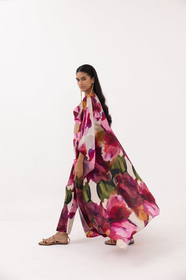 Designer dresses for women collection: Thr3letter floral print kaftan in premium crepe with flowing silhouette