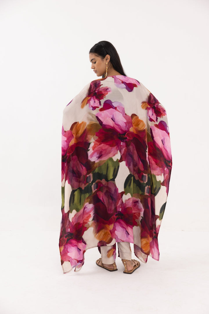 Thr3letter designer dresses for women: Premium floral kaftan with oversized blooms in rich pink tones