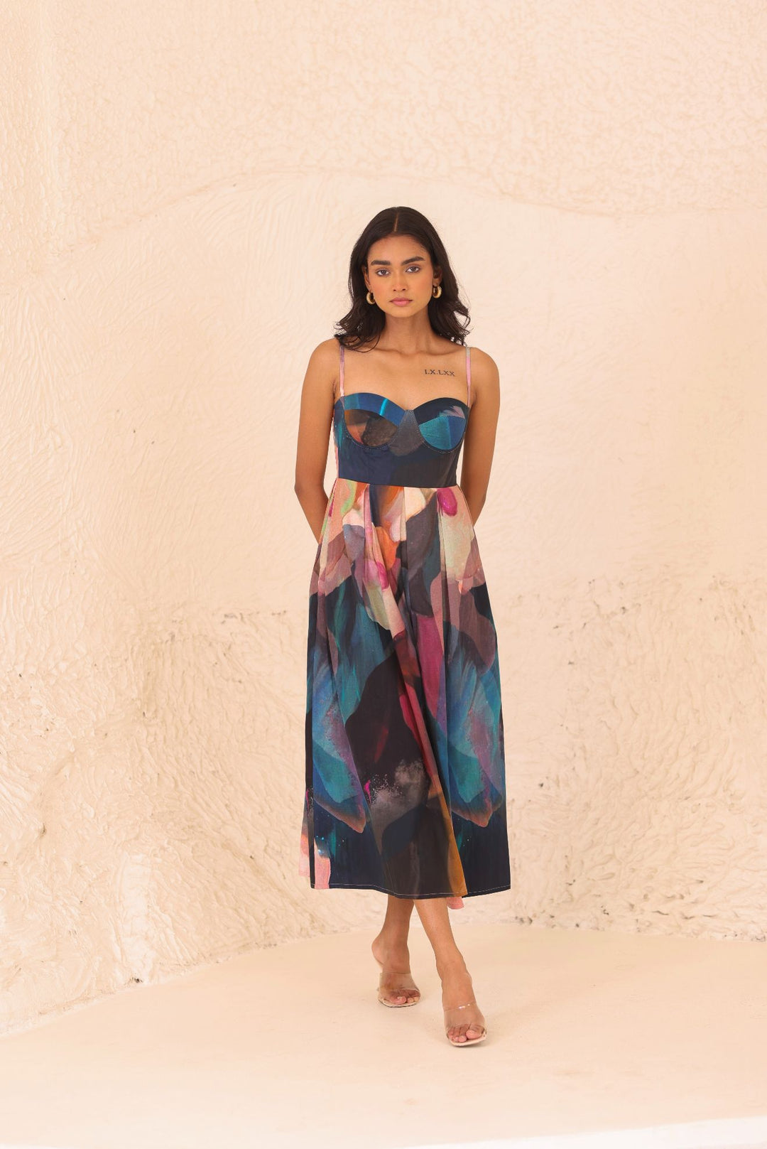 Thr3letter Musee Padded Maxi Dress with abstract watercolor print in jewel tones