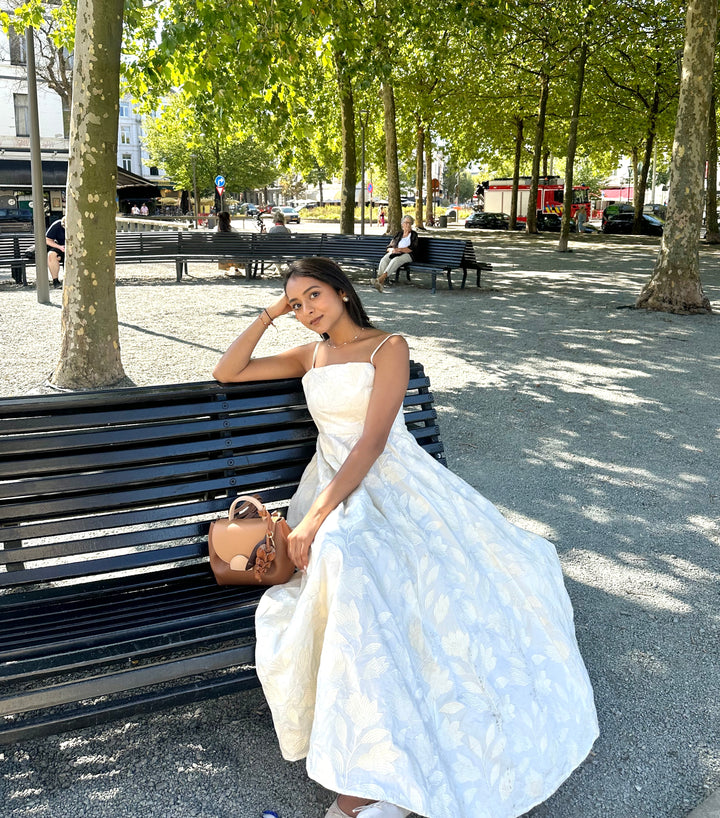 Brinda in Moonflower Embroidered Flare Maxi