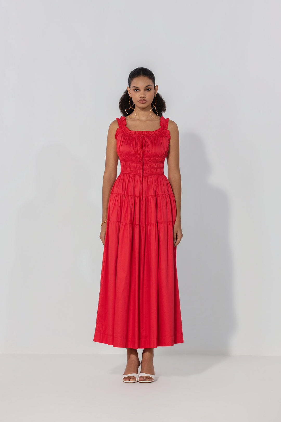 Red Smocked Tie Maxi Dress