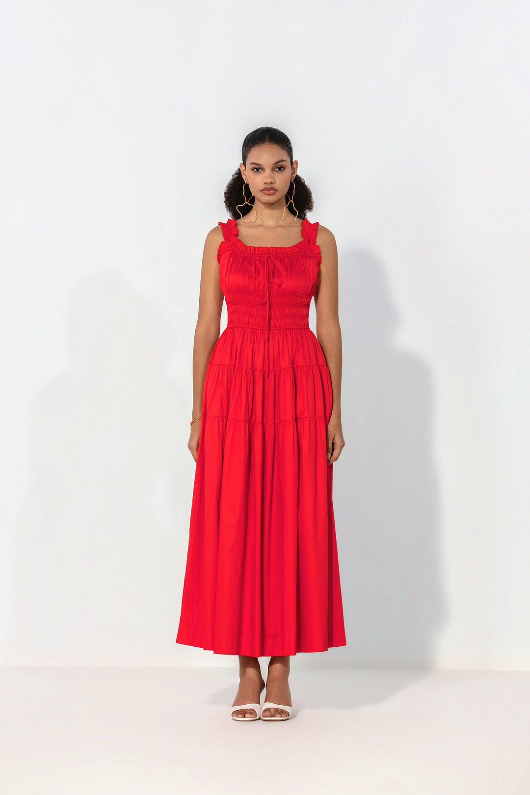 Red Smocked Tie Maxi Dress
