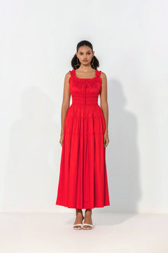 Red Smocked Tie Maxi Dress