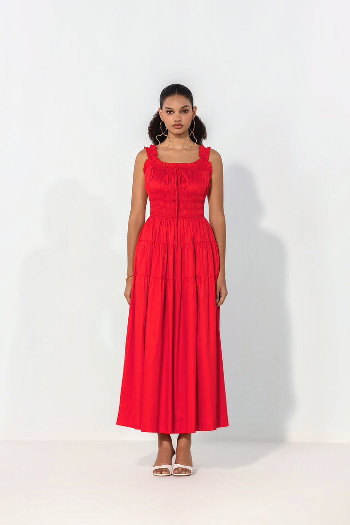 Red Smocked Tie Maxi Dress