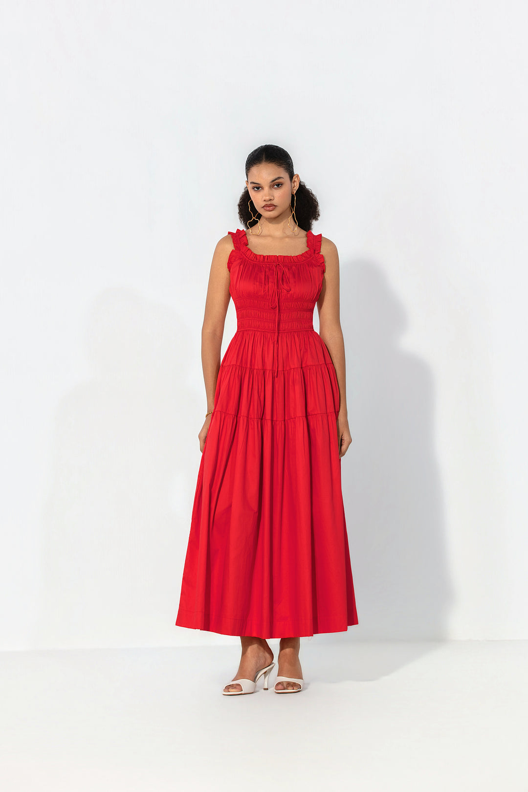 Red Smocked Tie Maxi Dress