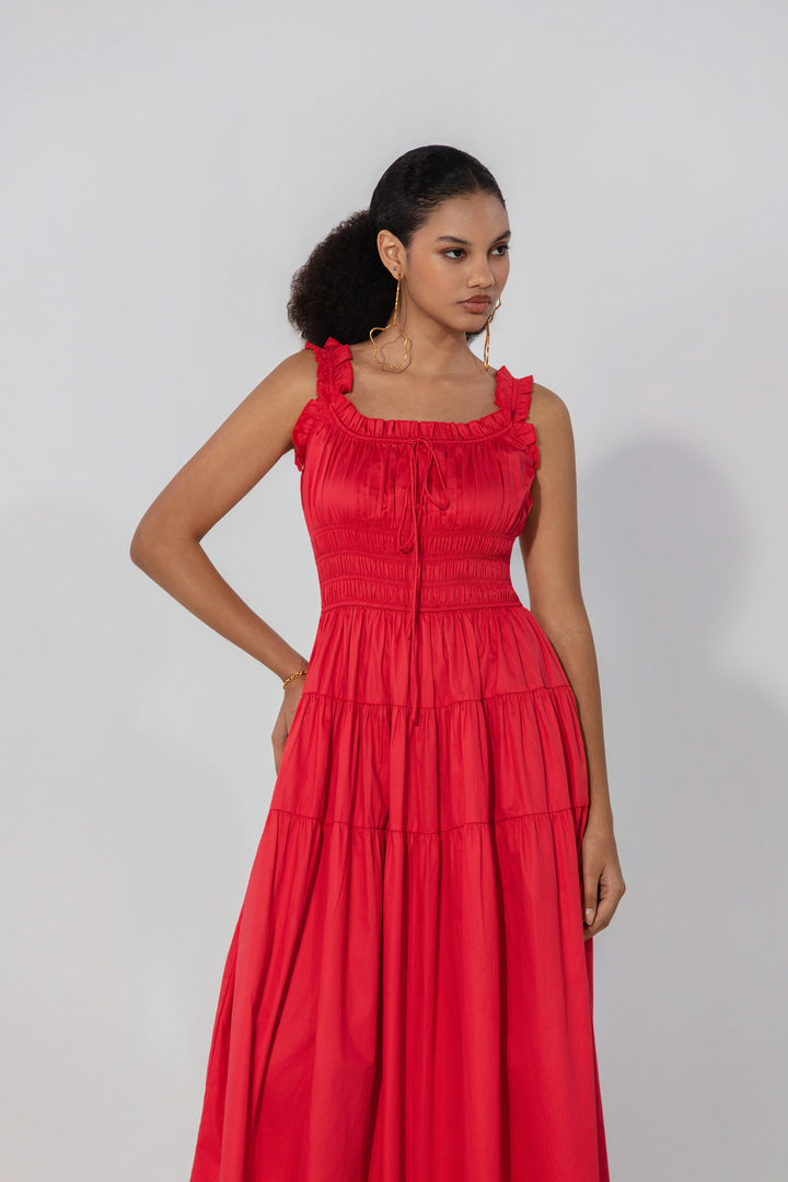 Red Smocked Tie Maxi Dress