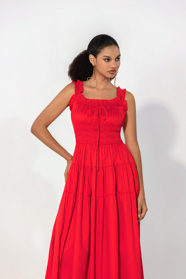 Red Smocked Tie Maxi Dress