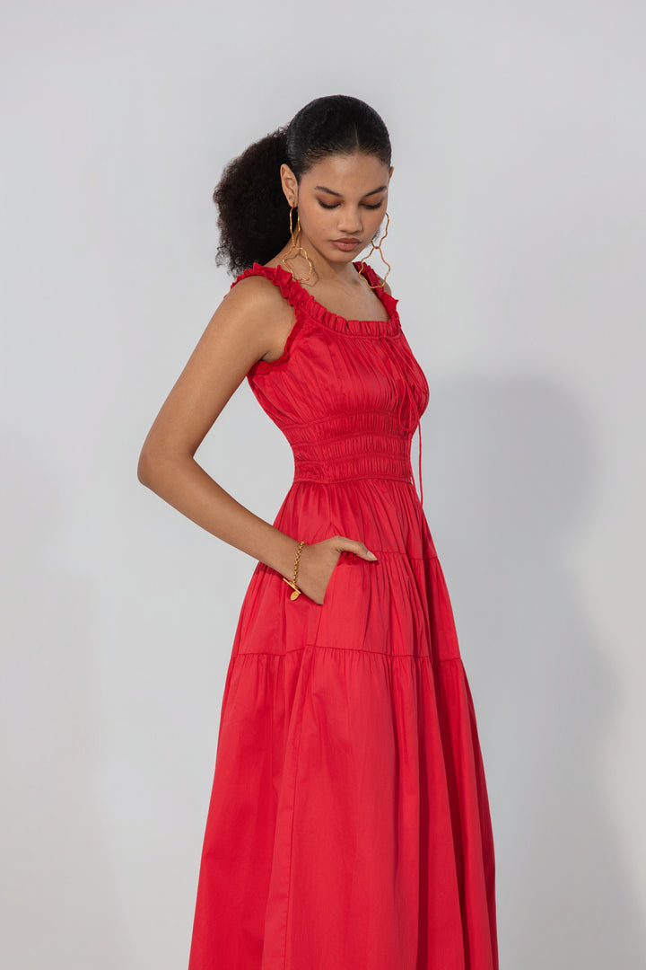 Red Smocked Tie Maxi Dress