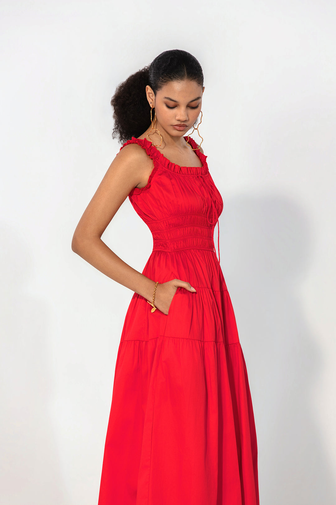 Red Smocked Tie Maxi Dress