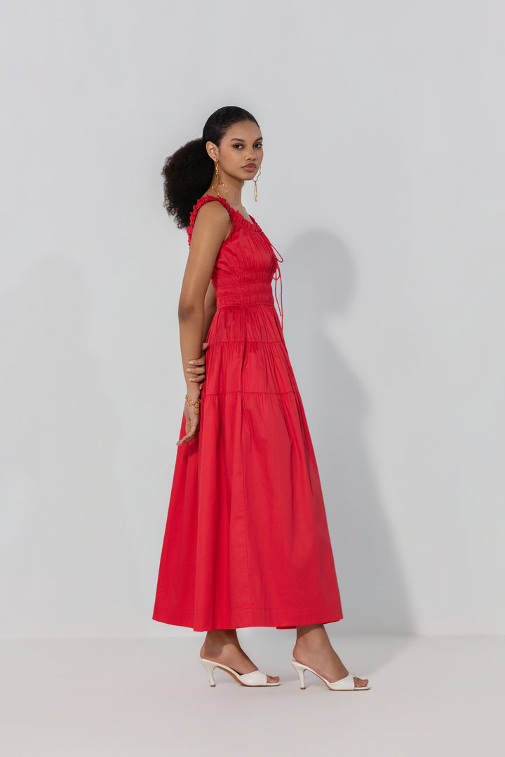 Red Smocked Tie Maxi Dress