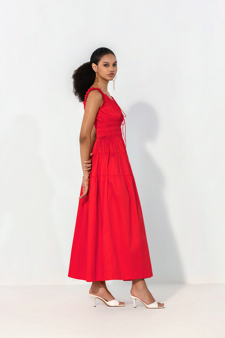 Red Smocked Tie Maxi Dress