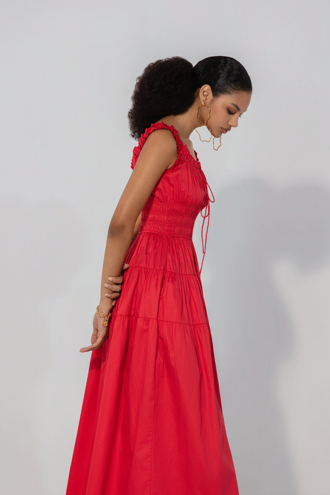 Red Smocked Tie Maxi Dress