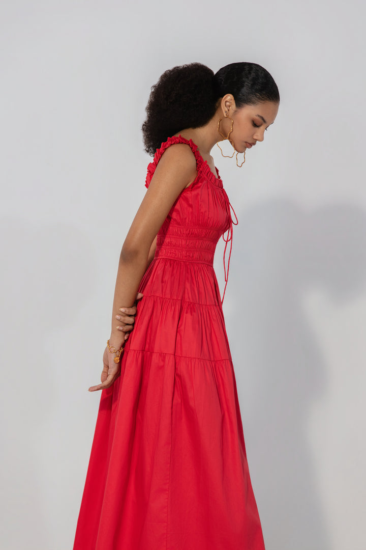 Red Smocked Tie Maxi Dress