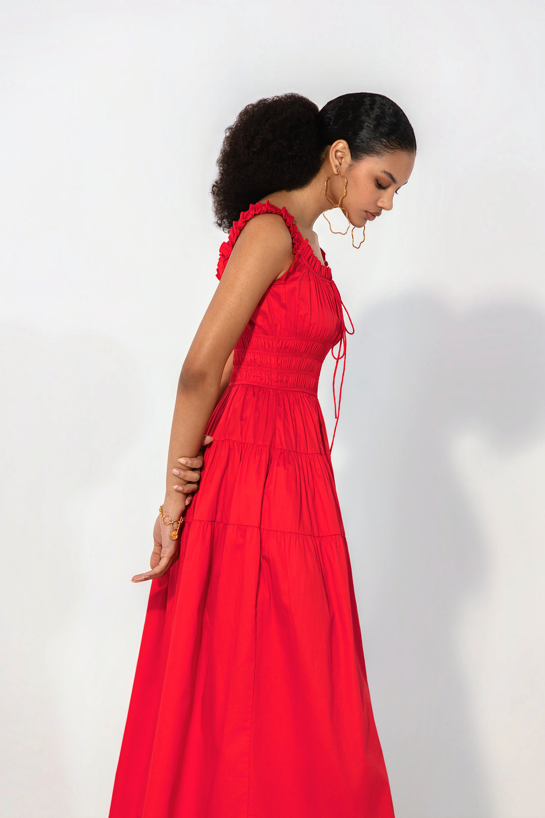 Red Smocked Tie Maxi Dress