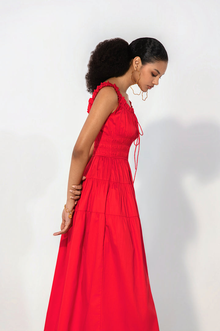 Red Smocked Tie Maxi Dress