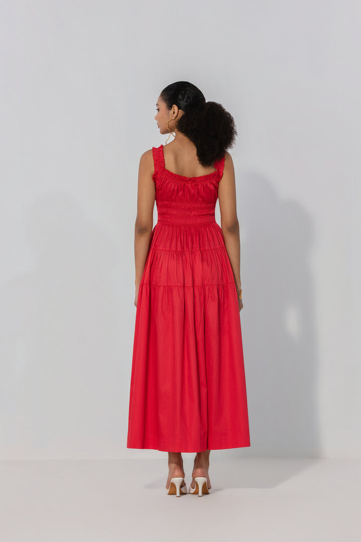 Red Smocked Tie Maxi Dress