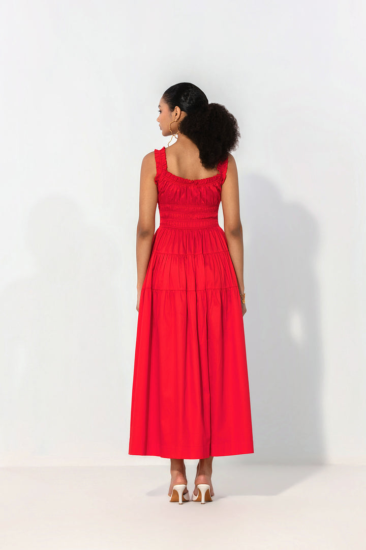 Red Smocked Tie Maxi Dress