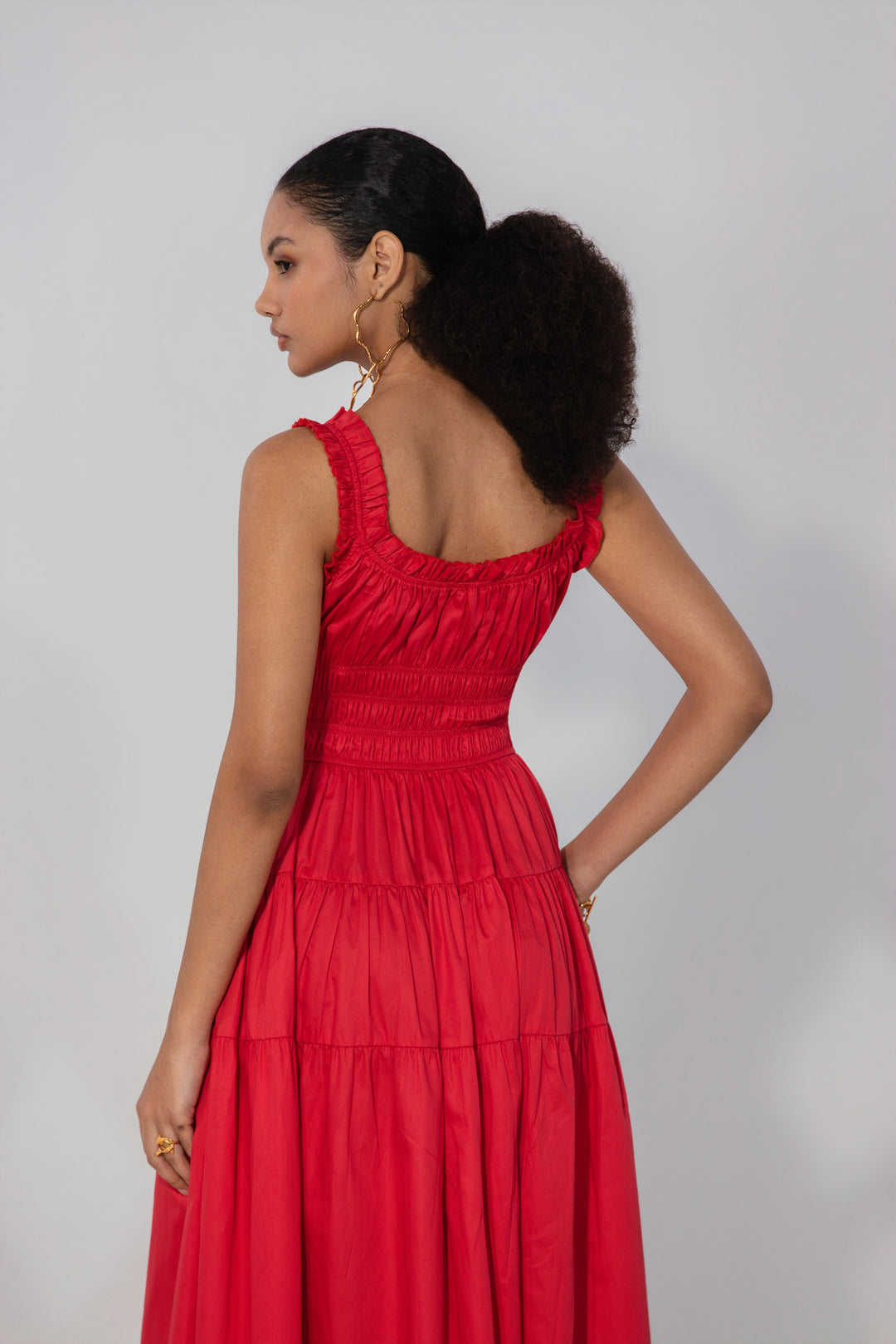 Red Smocked Tie Maxi Dress