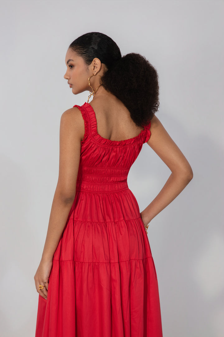 Red Smocked Tie Maxi Dress