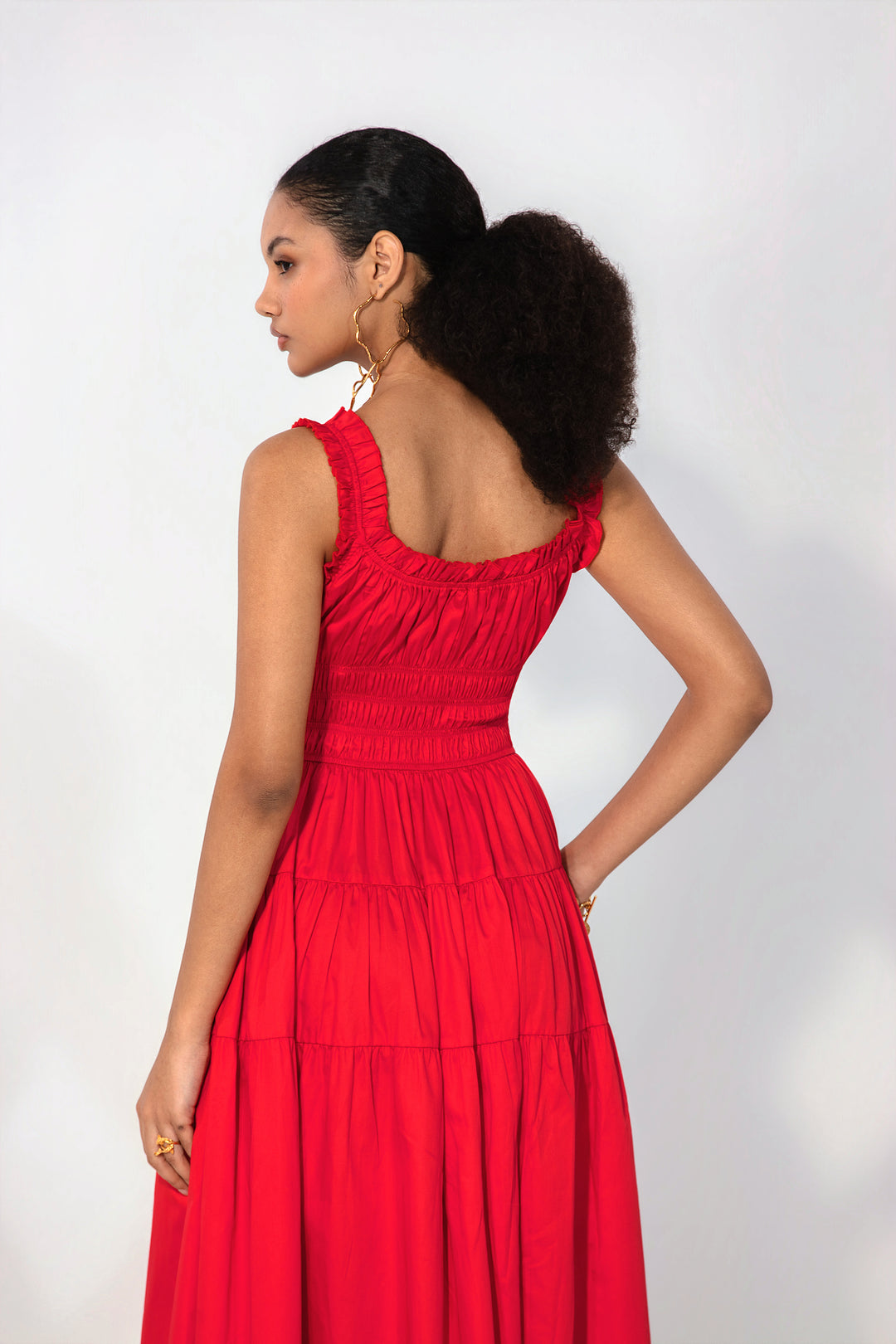 Red Smocked Tie Maxi Dress