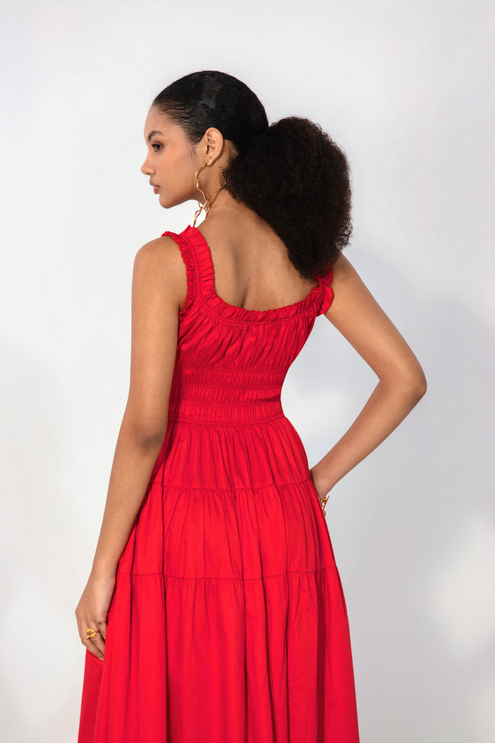 Red Smocked Tie Maxi Dress