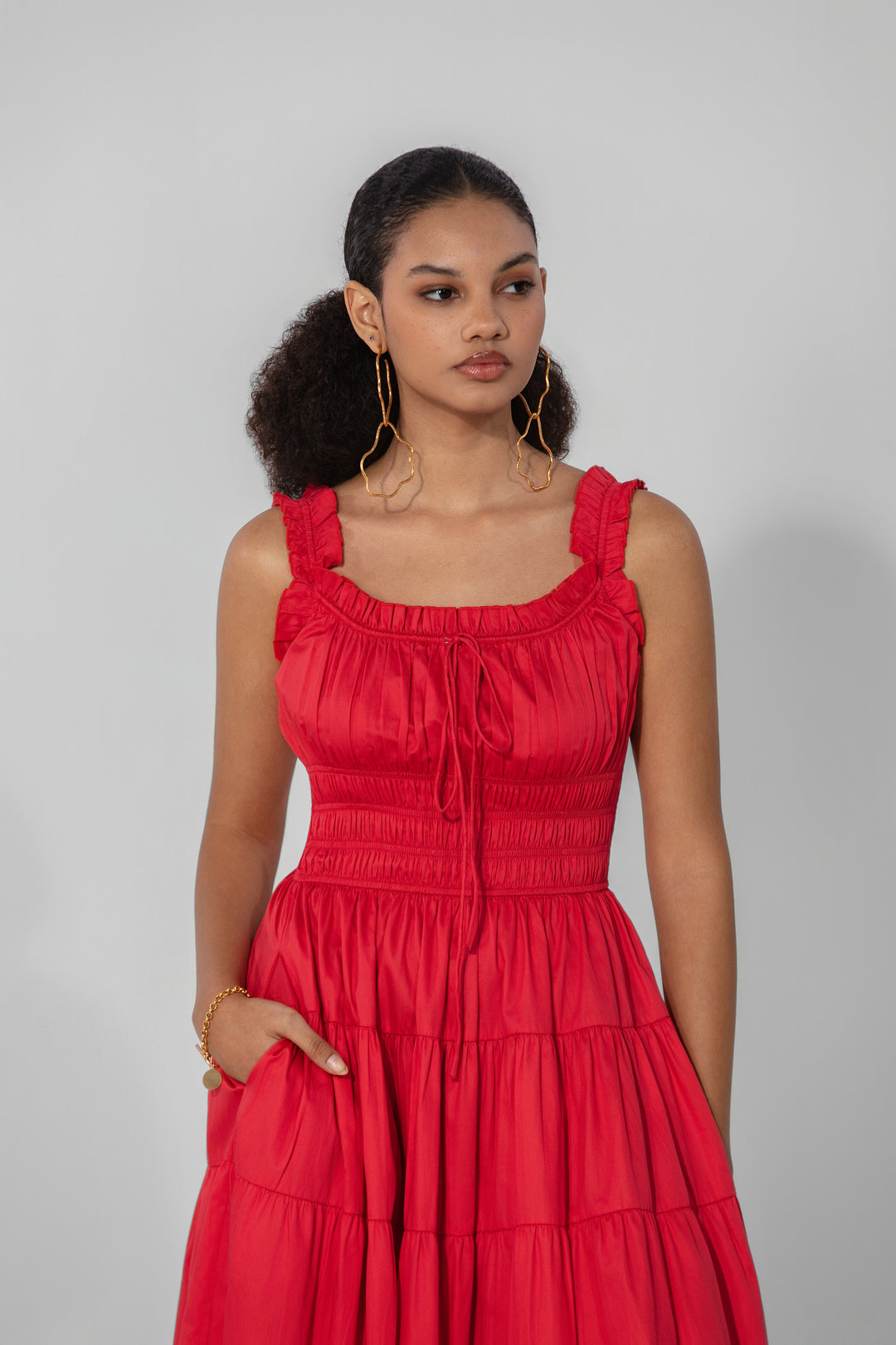 Red Smocked Tie Maxi Dress
