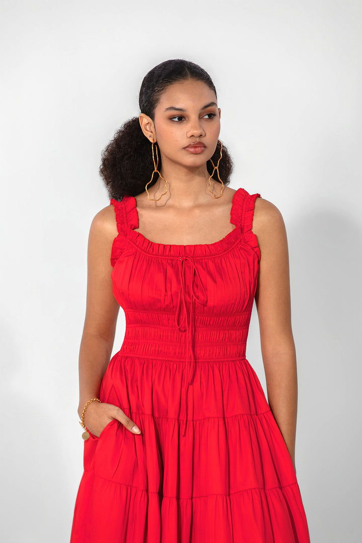 Red Smocked Tie Maxi Dress