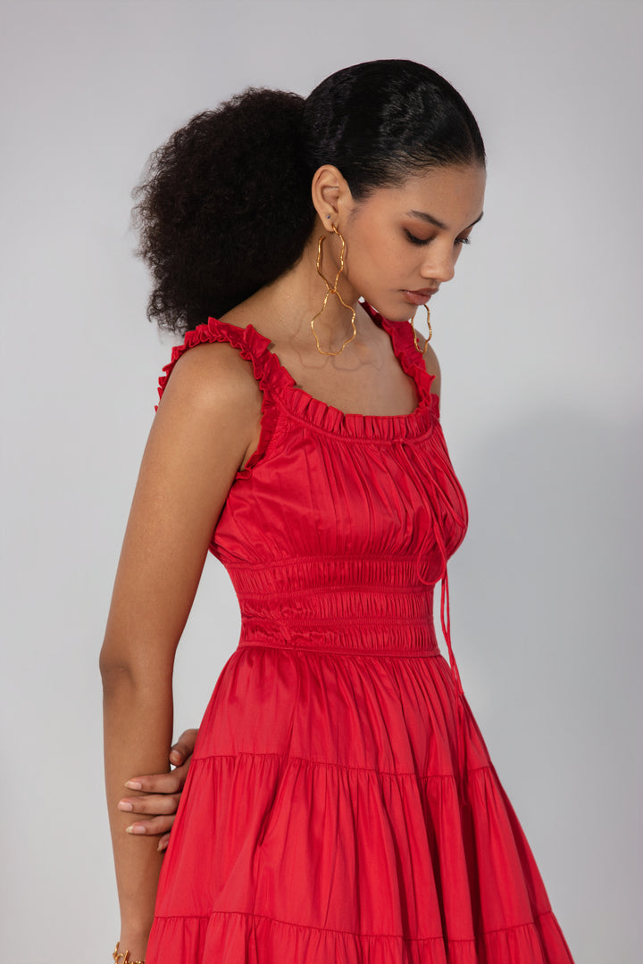 Red Smocked Tie Maxi Dress