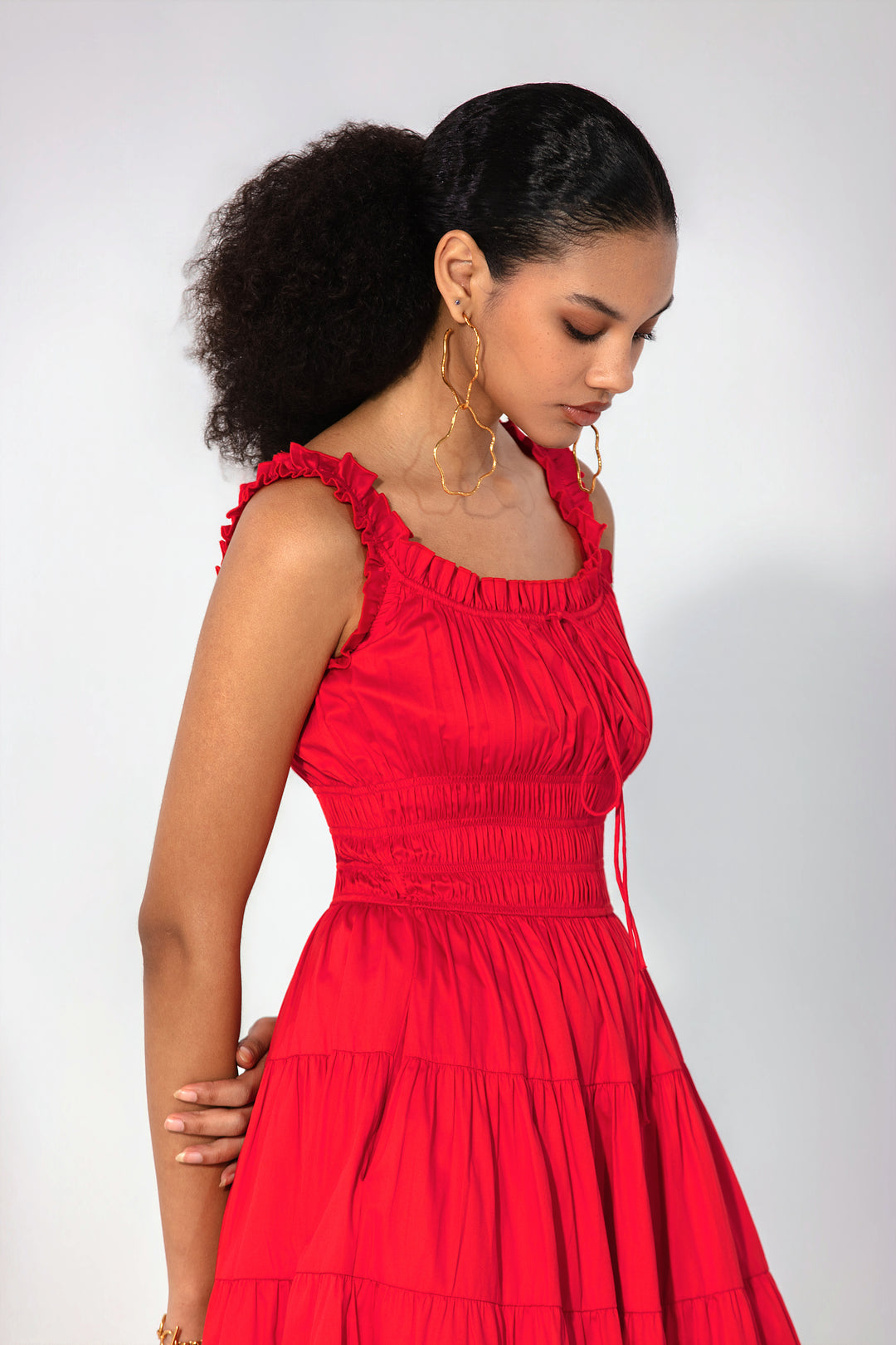 Red Smocked Tie Maxi Dress