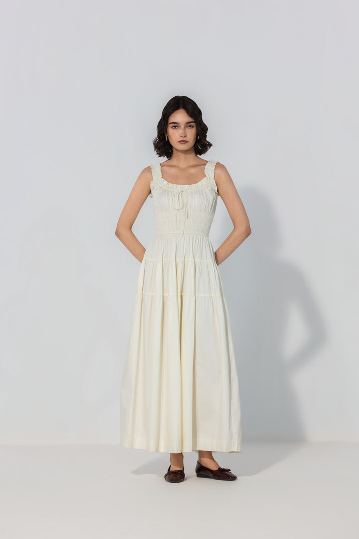 Ivory Smocked Tie Maxi Dress