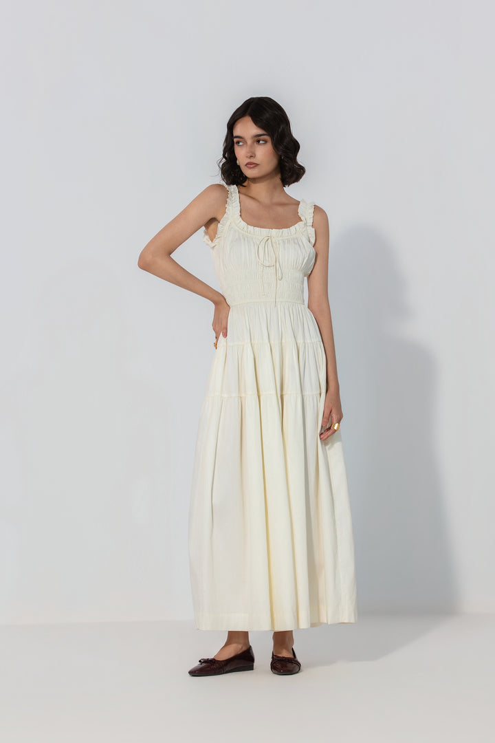 Ivory Smocked Tie Maxi Dress