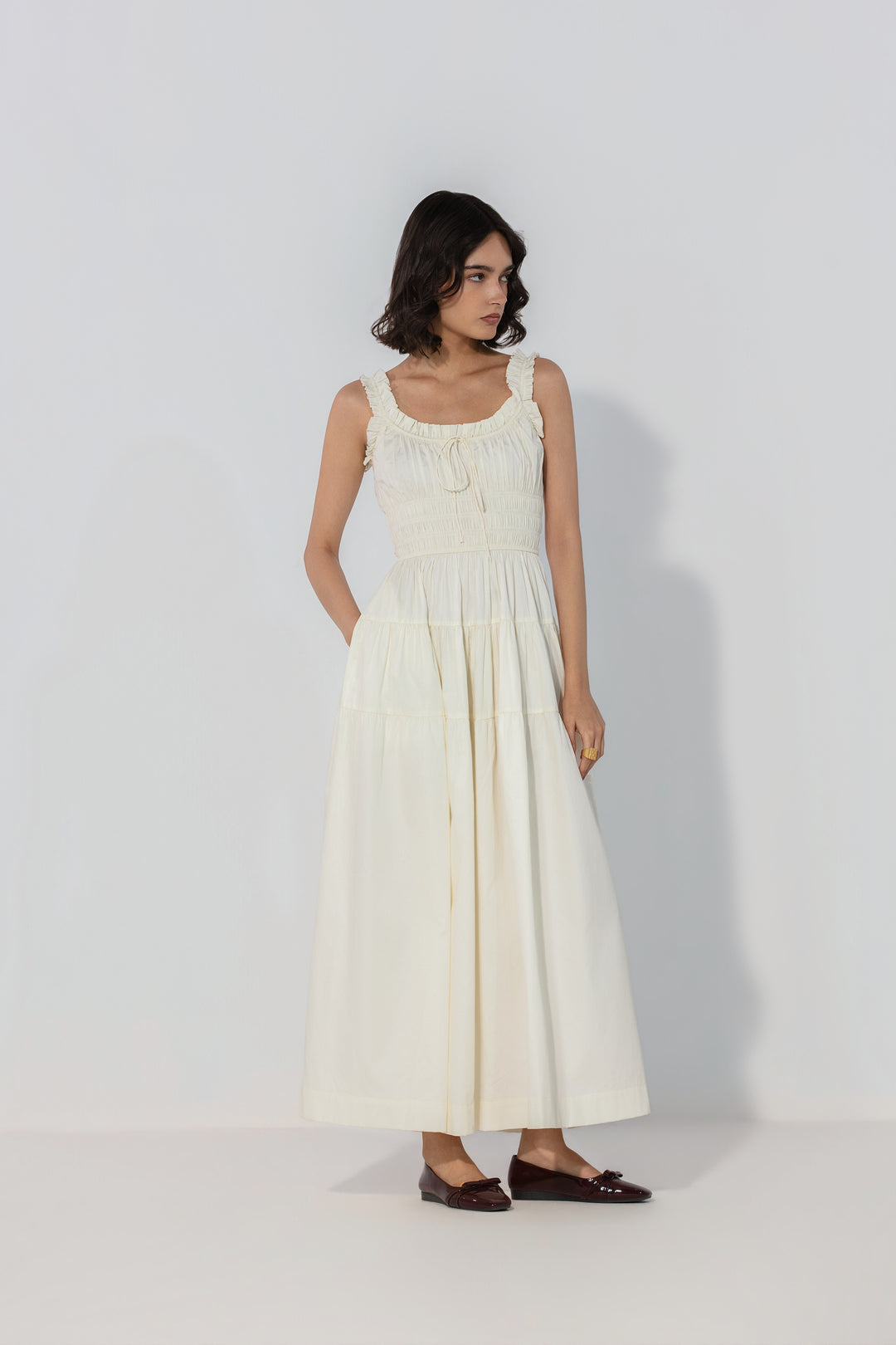 Ivory Smocked Tie Maxi Dress