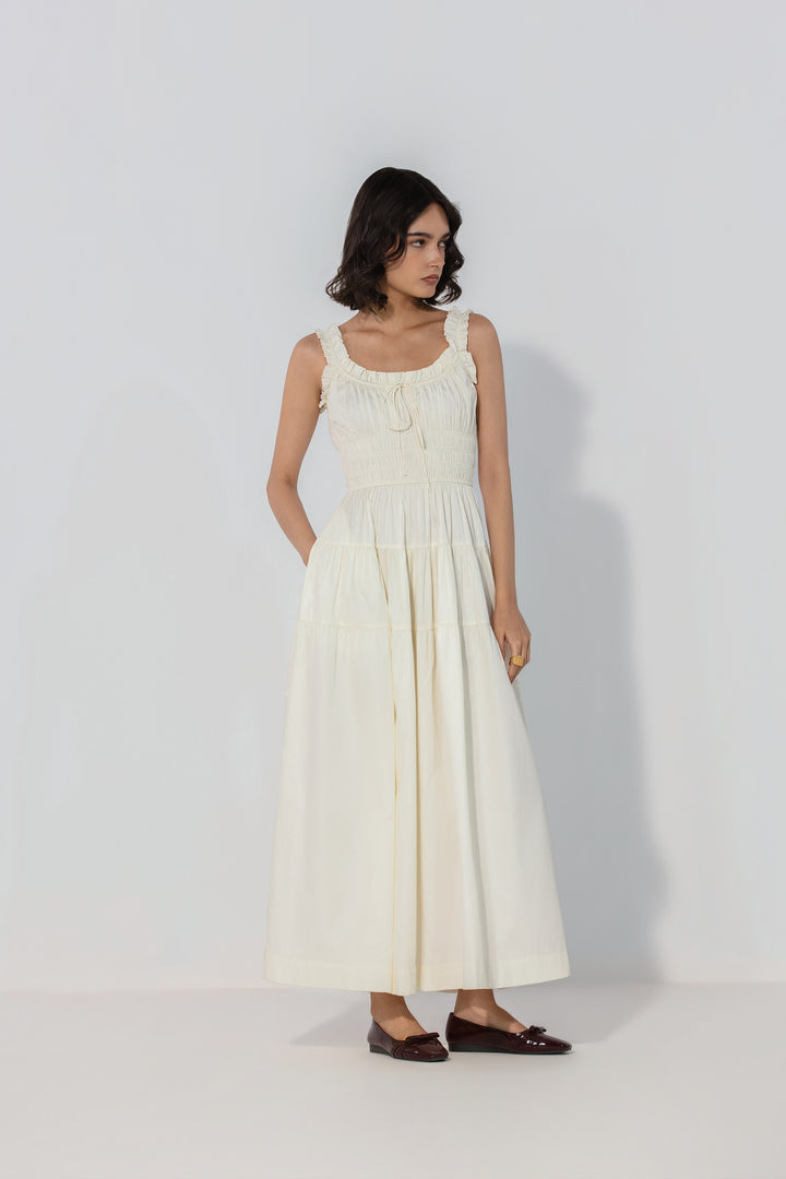 Ivory Smocked Tie Maxi Dress