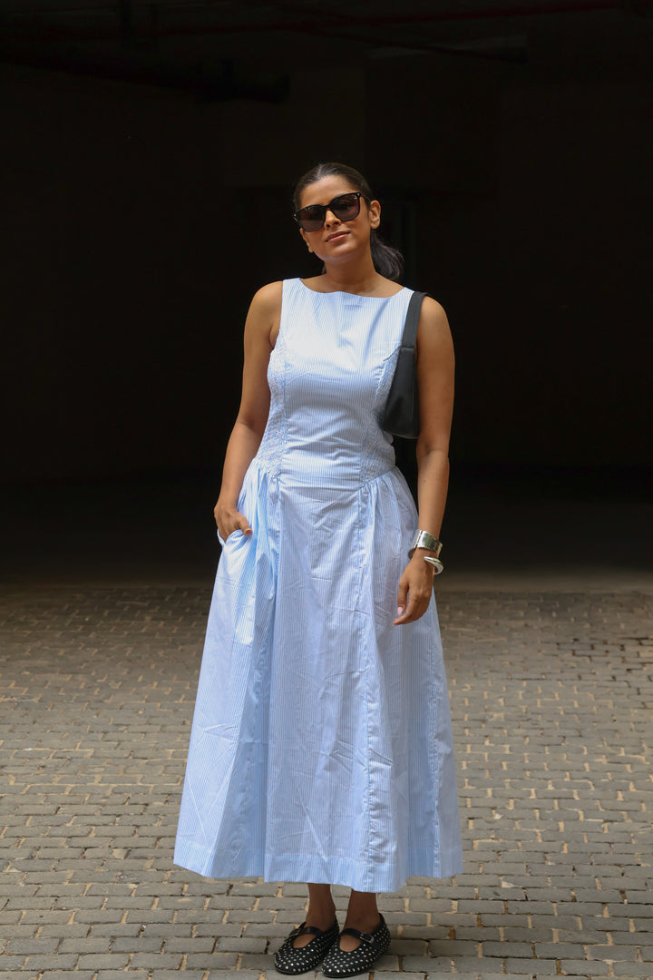 Nischita in Sky Stripe Shirred Panel Maxi Dress