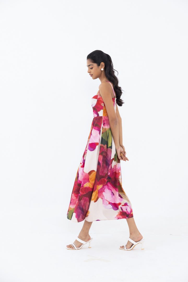 Floral Zahra Padded Dress by Thr3letter, showcasing bold patterns and silk-cotton craftsmanship.