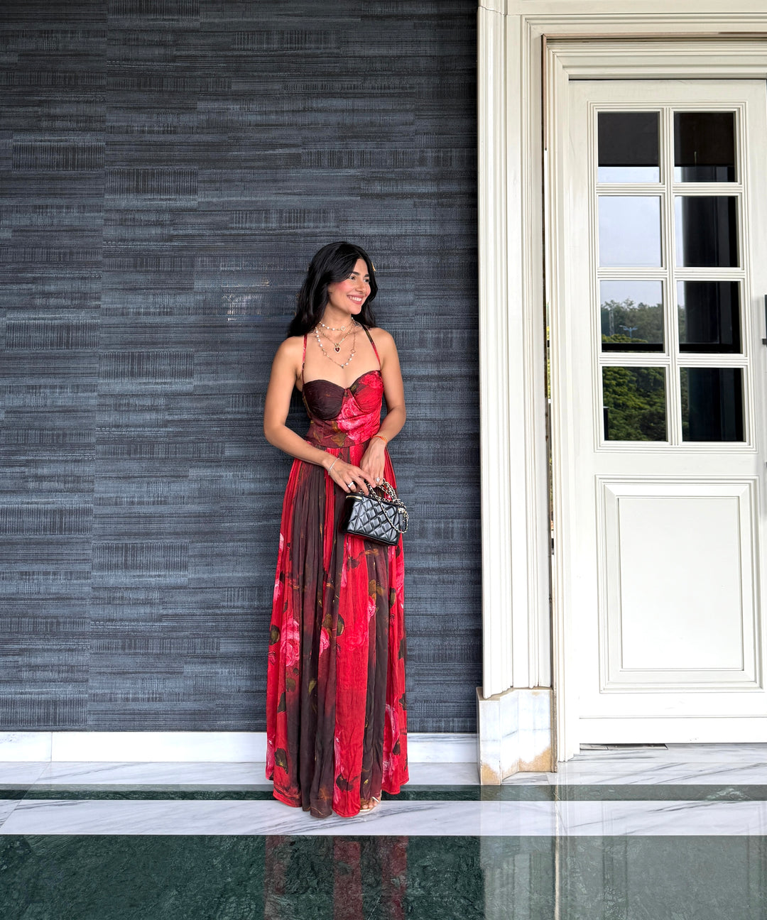 Radhika in Midnight Rose Structured Dress