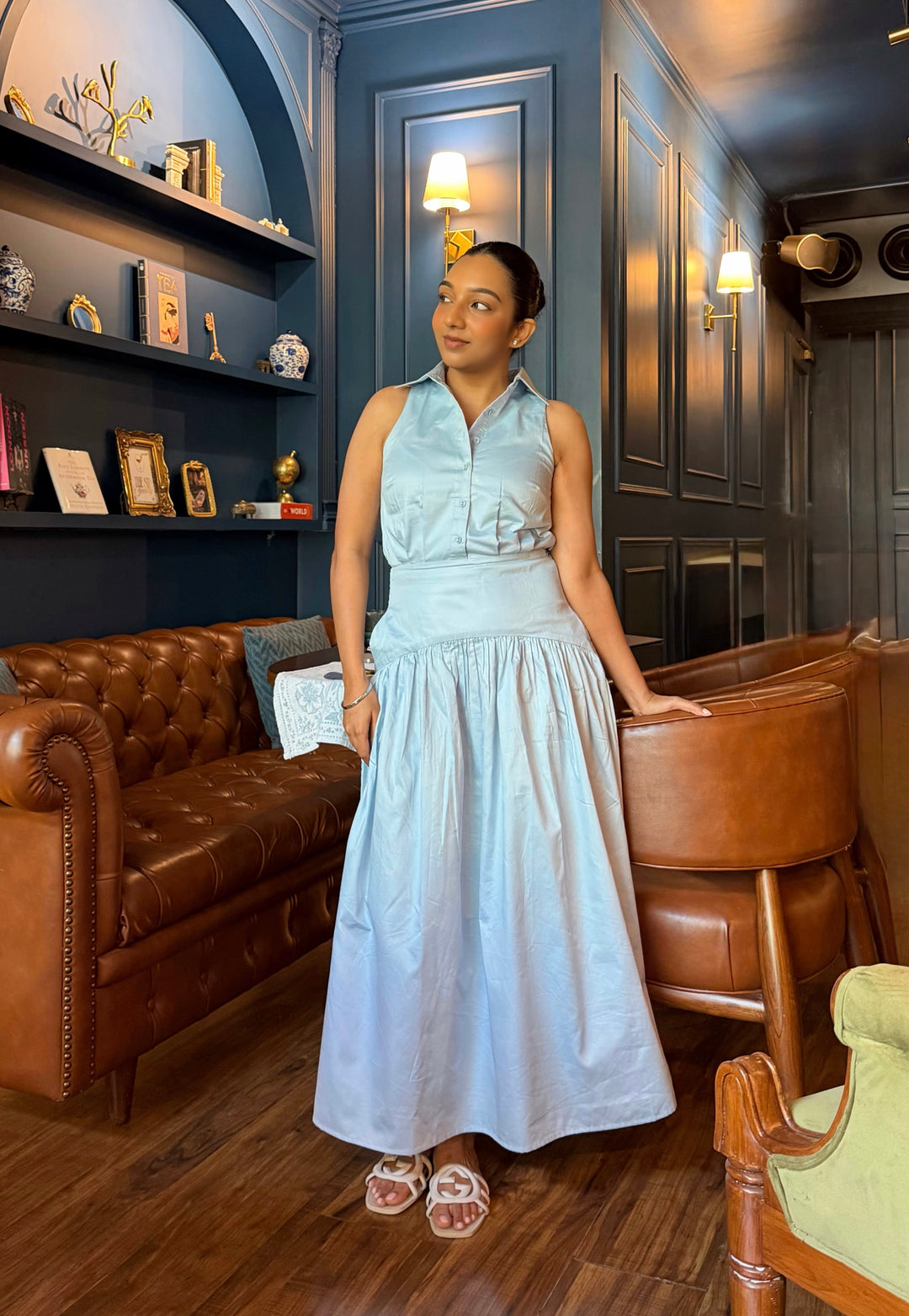 Rubby in Sky Collared Drop-Waist Maxi Dress