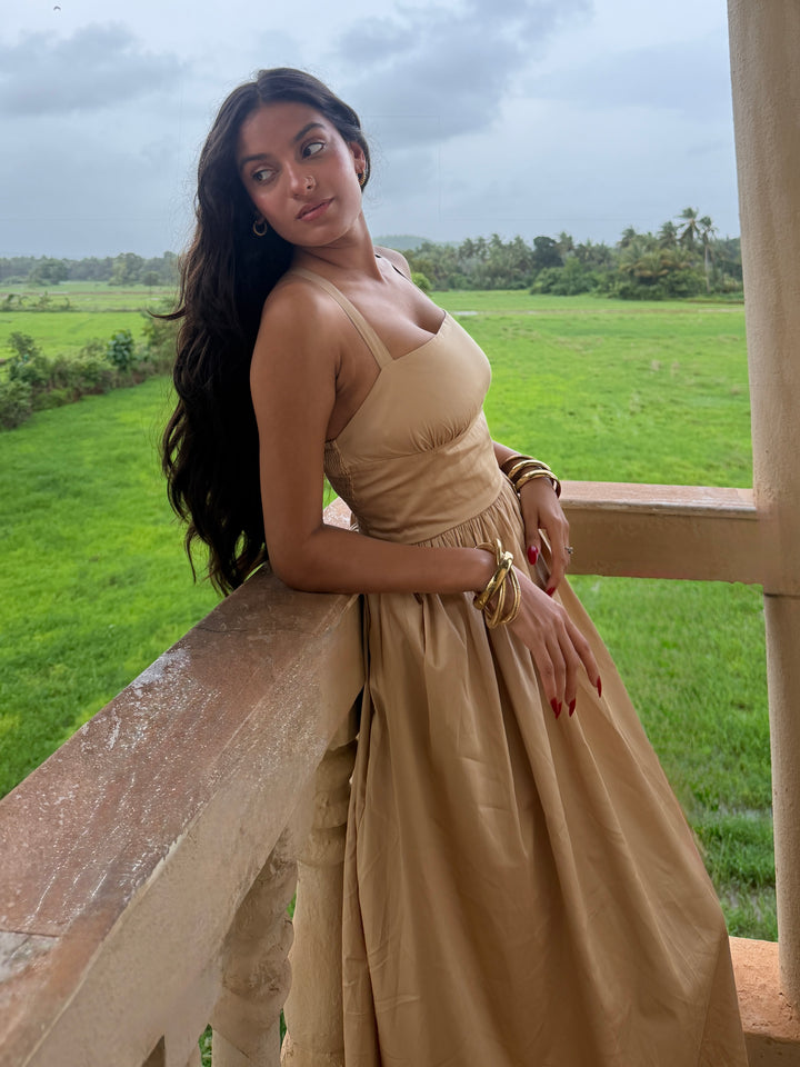 Shristy in Sand Gathered Cotton Silk Midi Dress