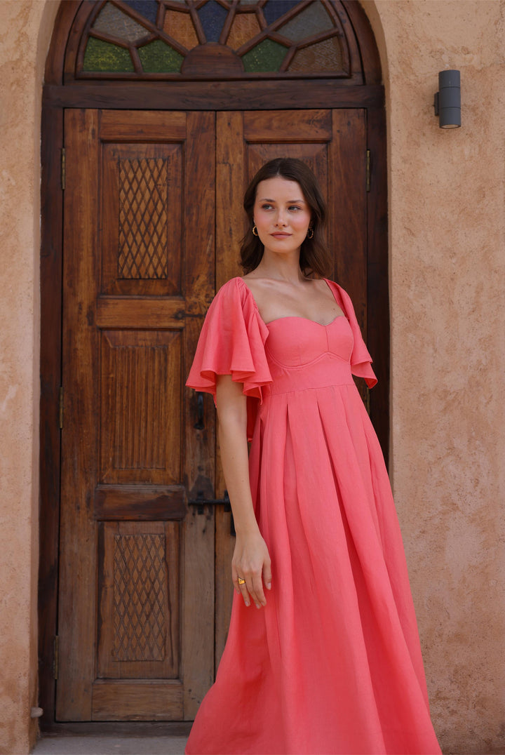 Thr3letter's Seraphina Dress, crafted with a linen-viscose blend, showcases a beautiful color and flattering fit.