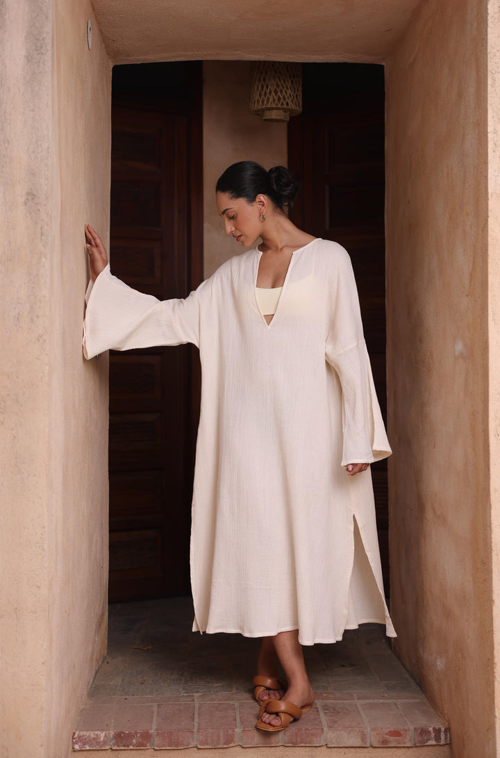 Thr3letter's Kiaan Kaftan in a soft almond tone, a polished yet relaxed choice for any occasion.