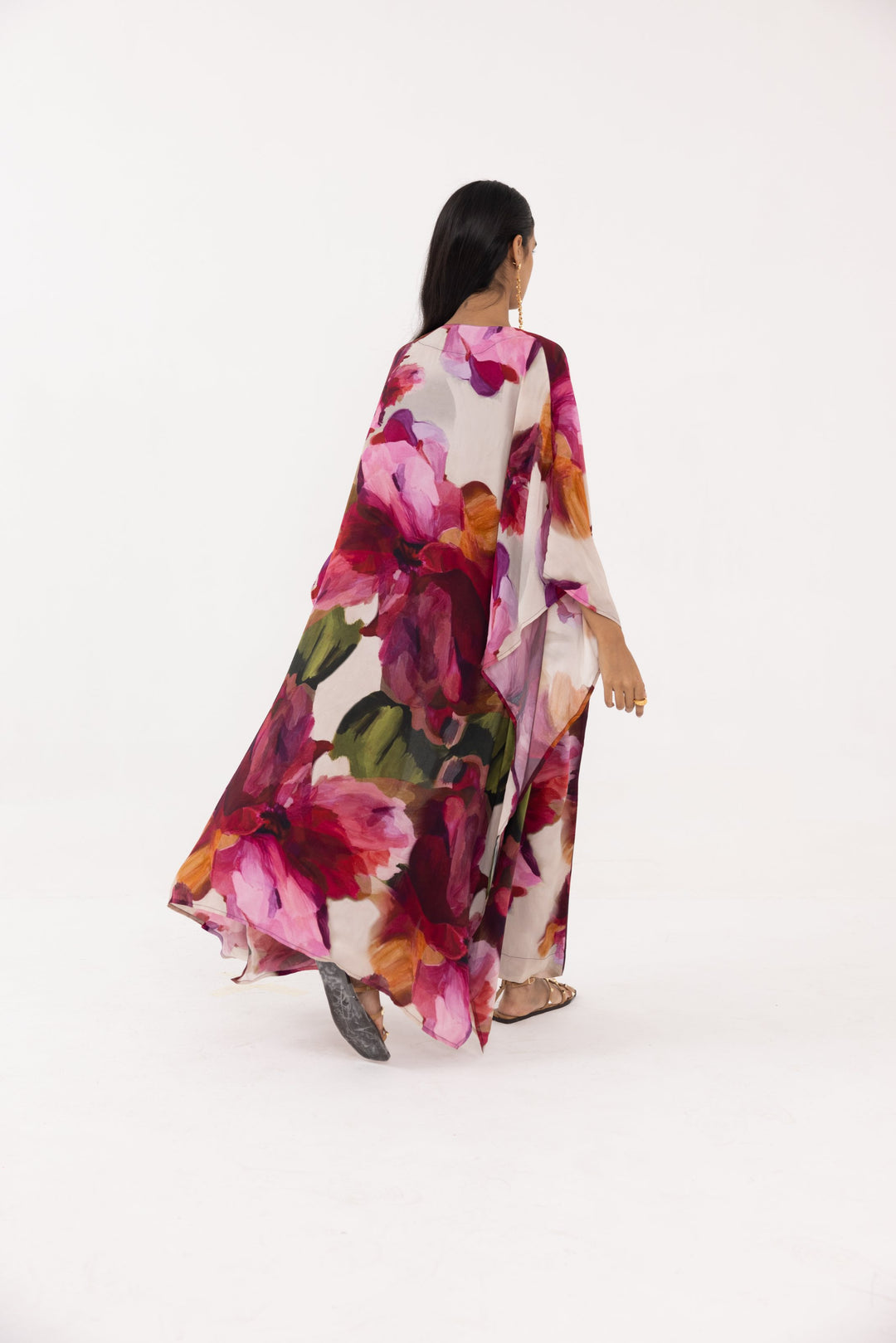 Thr3letter designer dresses for women: Elegant floral kaftan featuring bold roses on luxurious crepe fabric