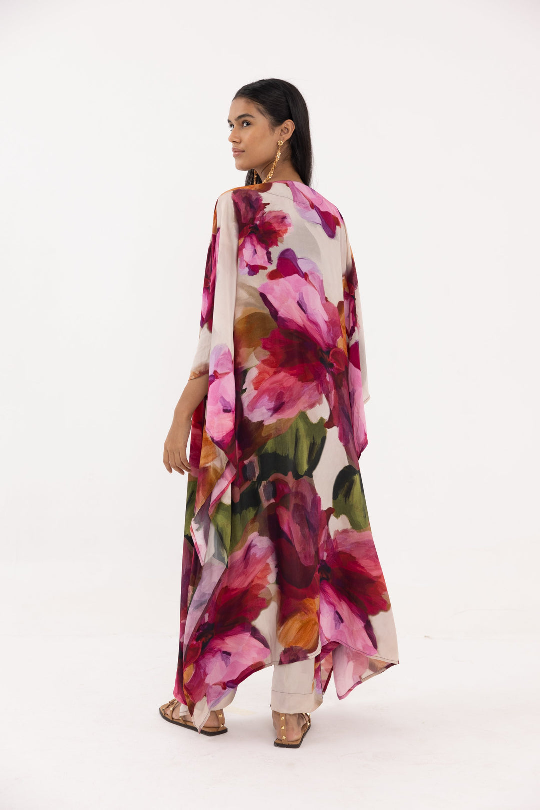 Designer dresses for women by Thr3letter: Luxury crepe kaftan with dramatic burgundy and pink bloom print