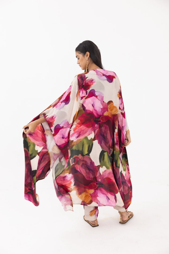 Designer dresses for women: Thr3letter luxury floral kaftan with bold rose print, crafted in premium crepe