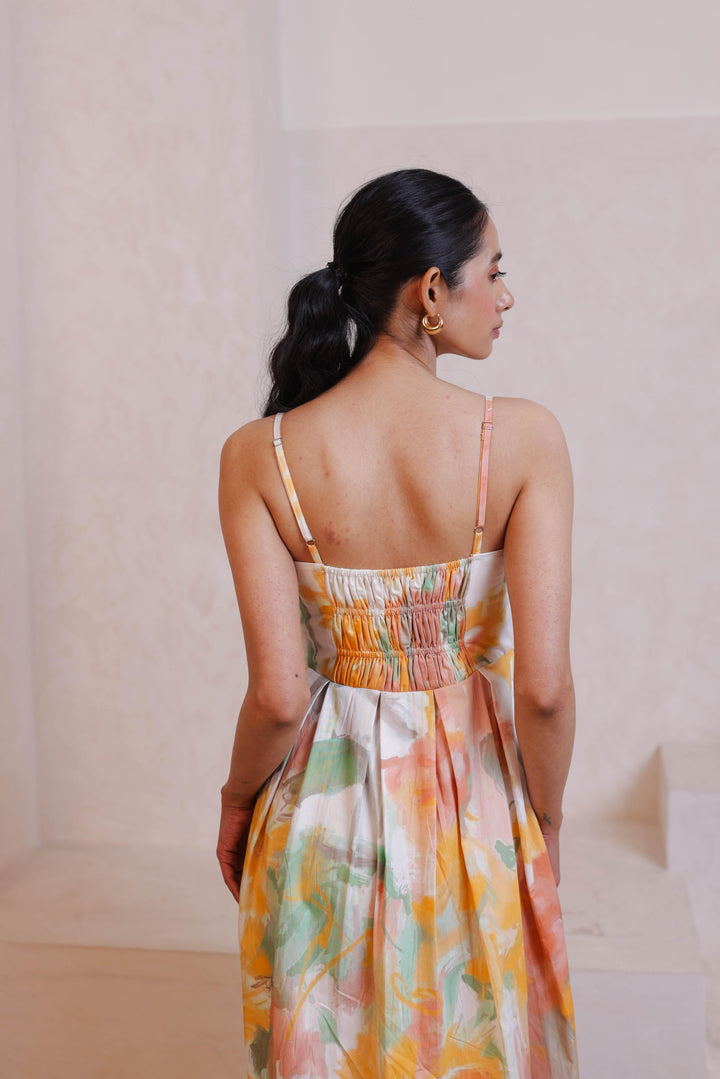 The Bahaar Padded Dress from Thr3letter, a striking floral design crafted from a premium silk-cotton fabric.