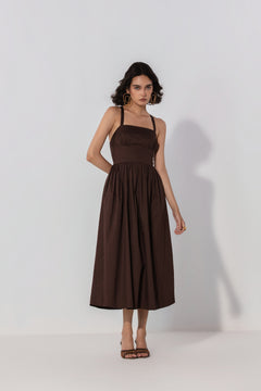 Chocolate Gathered Cotton Silk Midi Dress